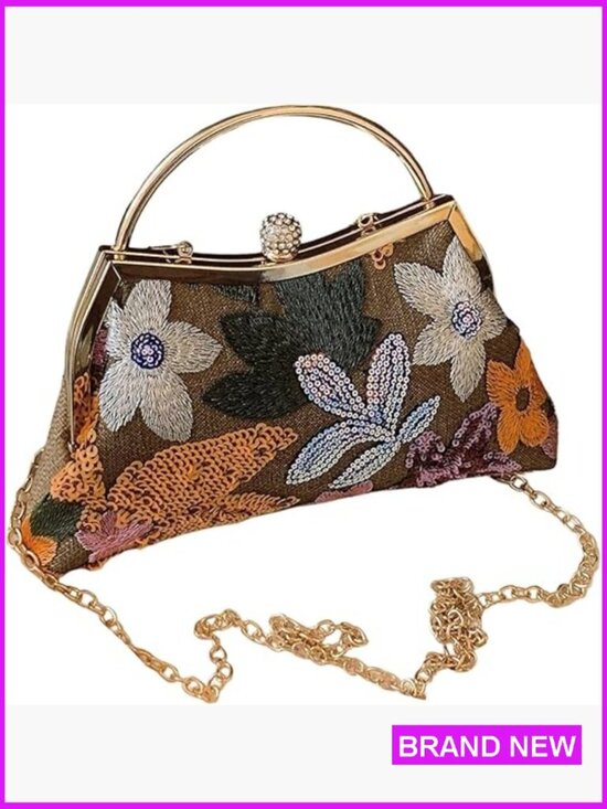 Handbags - Floral Embroidery Clutch Purse Vintage Top Handle Handbag Kiss Lock Evening Bag